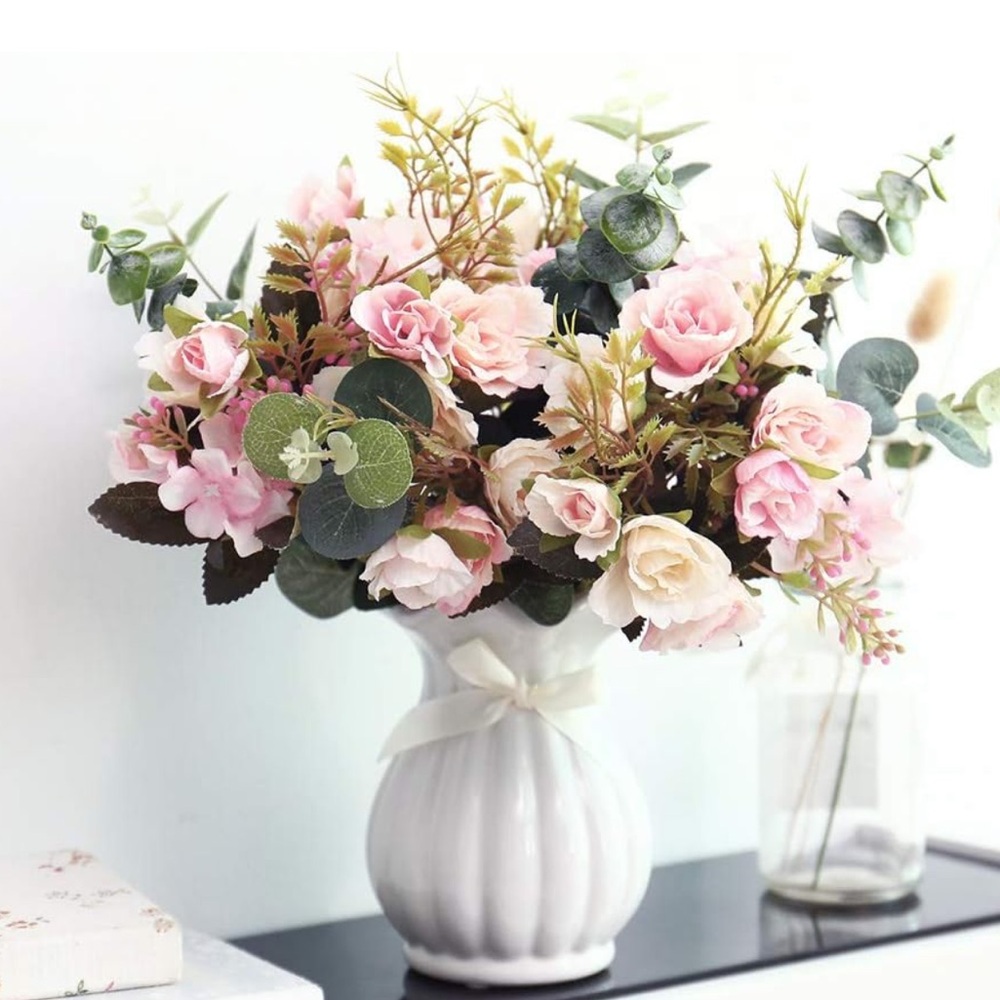 Artificial Flowers Arrangement Centerpieces Vintage Floral Rose Bouquets in Vase